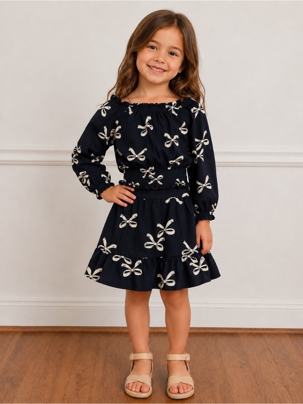 Carter’s Girls Black Bow Print 2-Piece Skirt Set Off-Shoulder Top Cotton size 4